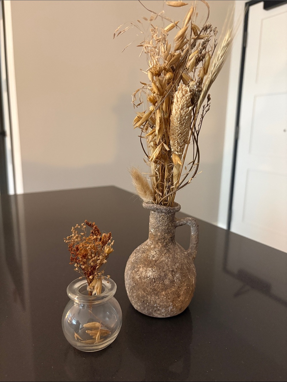 Rustic Tan Ceramic Handle Vase with Dried Wheat Accent and Accent Clear Vase